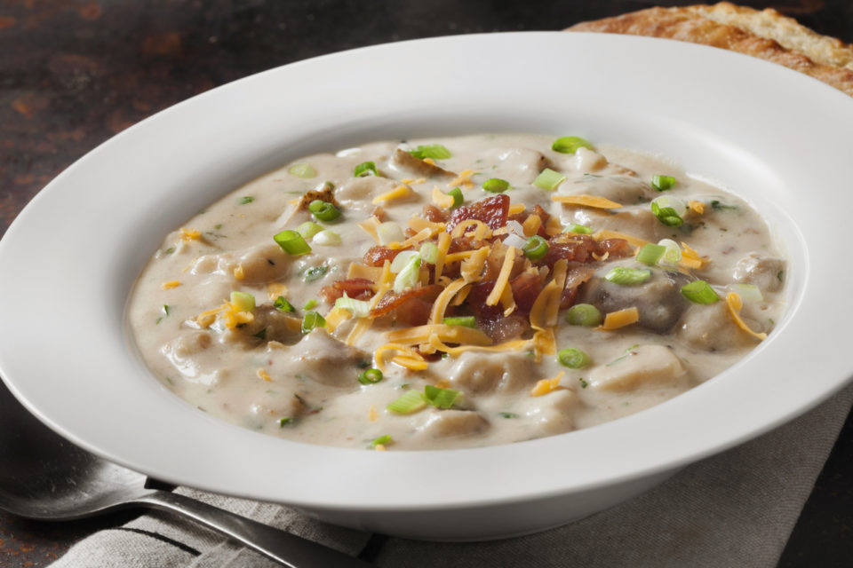Creamy Baked Potato Soup with Cheddar Cheese, Green Onions and Crispy Bacon