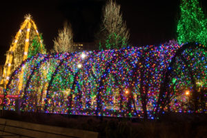 A colorful tunnel of Christmas lights is a prominent part of the holiday display